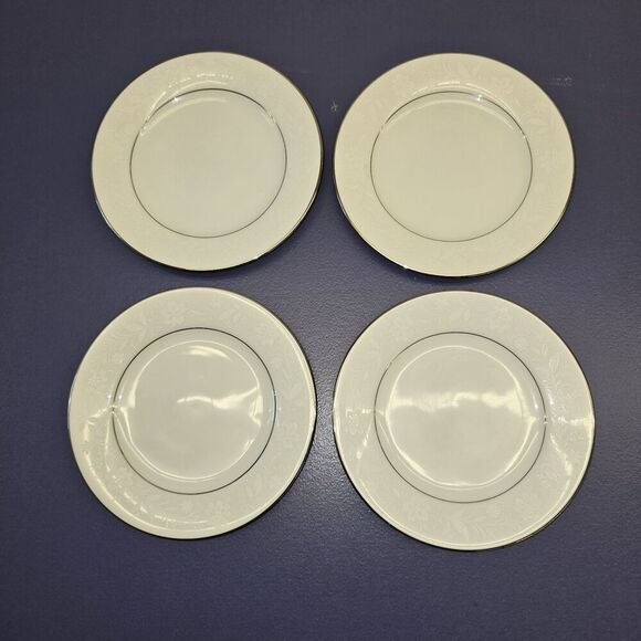 Noritake Ranier 4 Bread & Butter Plates Platinum Trim #6909 Floral White - Picture 2 of 4